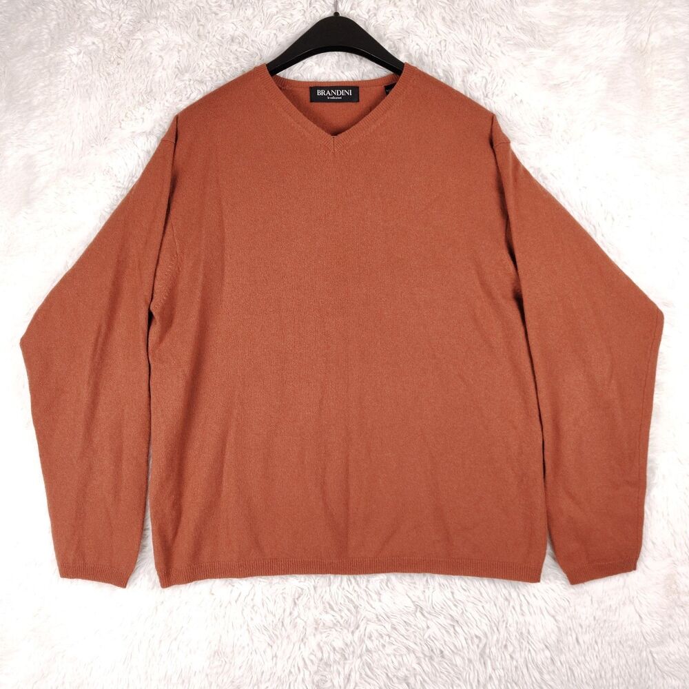 Vintage Brandini Le Collezioni Sweater Mens XL Cashmere Wool Orange V Neck Soft